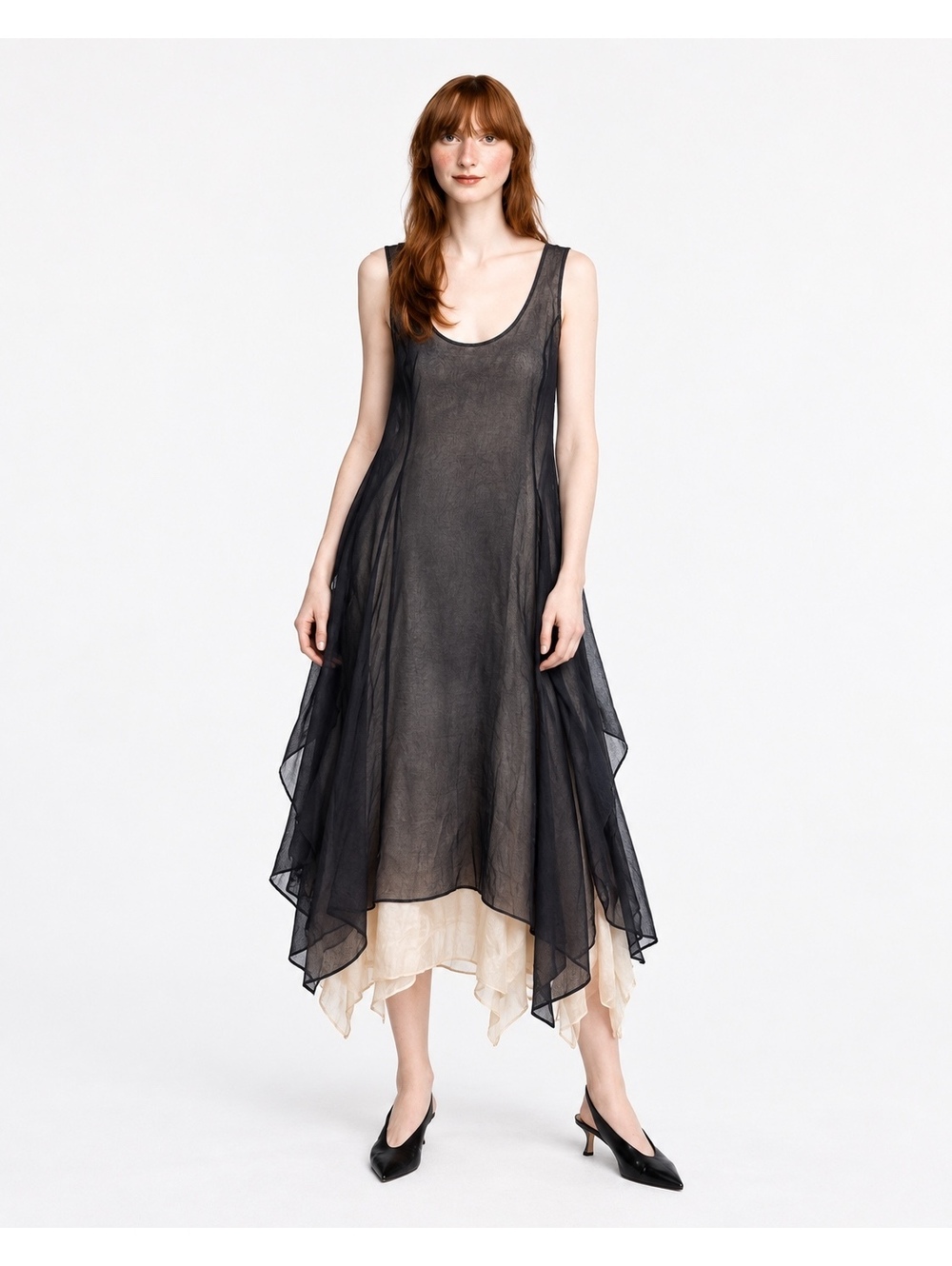 Meg Made in Canada Black Cream Layered Cotton Midi Dress Size 6 Asymmetrical
